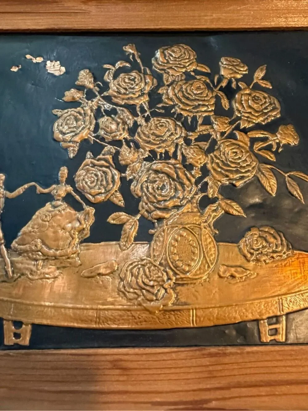 VINTAGE Gold Rose Floral Relief Wall Plaque Black Wood Frame MCM Hollywood Regen